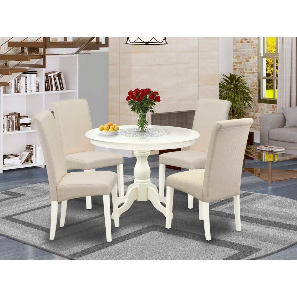 HomeStock 5-Piece Round Linen White Finish Solid Wood Top Dining table with 4 Chairs