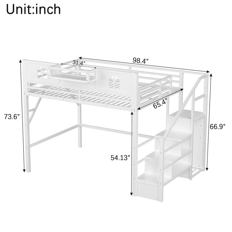 Roomfitters Full/Queen Metal Loft Platform Bed, Staircase Wardrobe and LED Charging Station with House Guardrails for Bedrooms