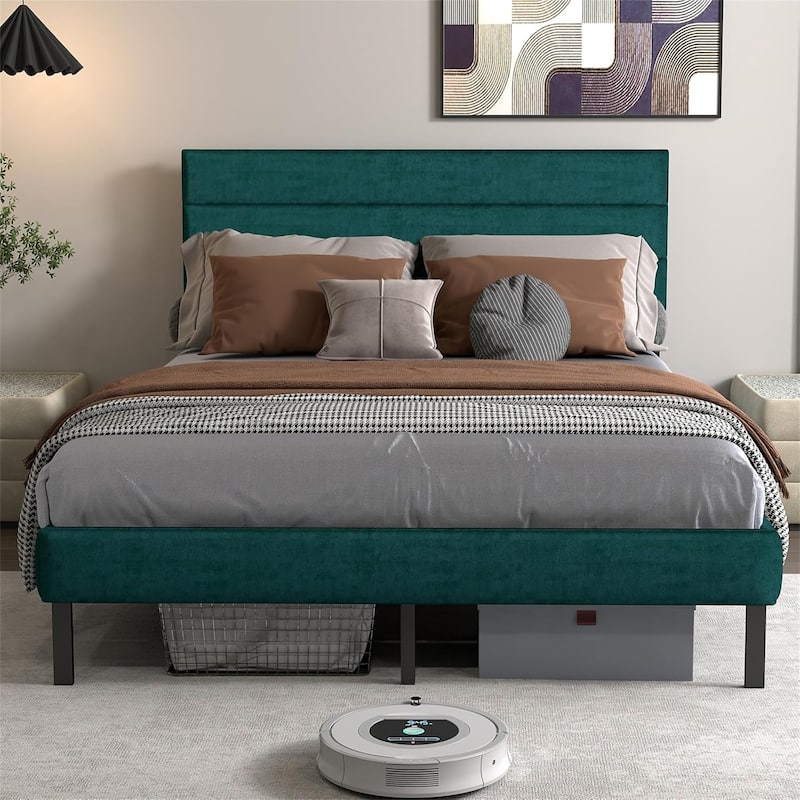 Queen Upholstered Platform Bed Frame with Headboard and 14" Underbed Storage - Black+Green