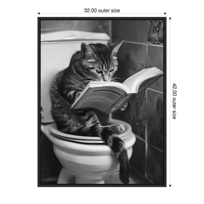 Literary Litter Box Cat by Niky Rahner Framed Canvas Wall Art - 32 x 42 in