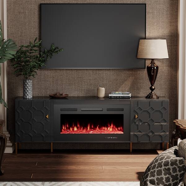 Clihome High Gloss Storage 70'' TV Stand with 36'' Electric Fireplace ...