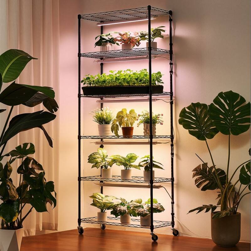 Black Metal 6-Tier Indoor Plant Stand with 5 3-Color LED Grow Lights and Timer - 29.53 x 13.78 x 70.87 in