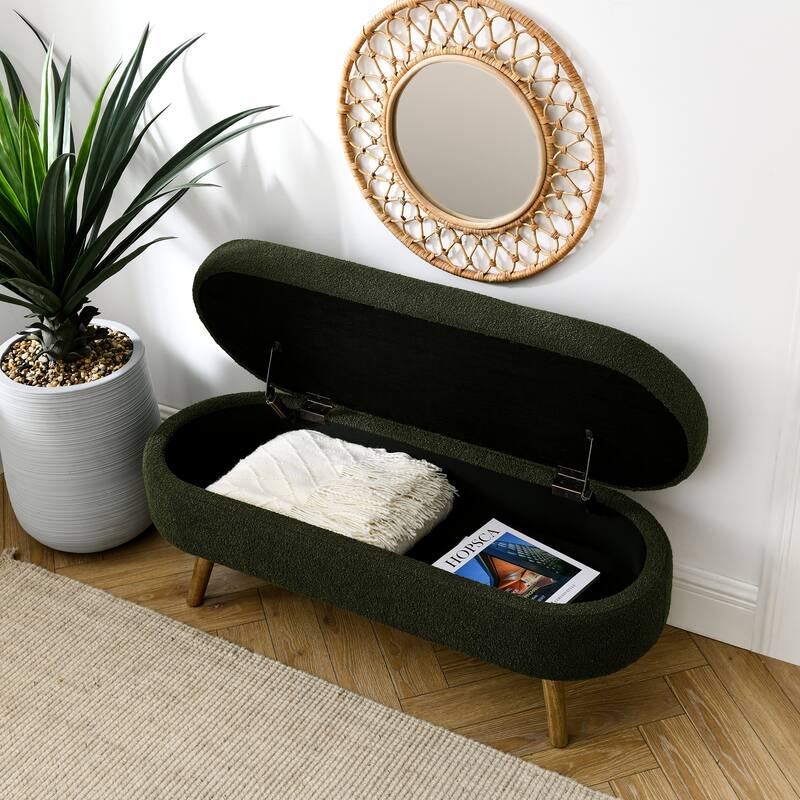 Oval Storage Ottoman Bench, Decorative End of Bed Bench 43.5 Inches Upholstered Storage Ottoman with Solid Wood Legs