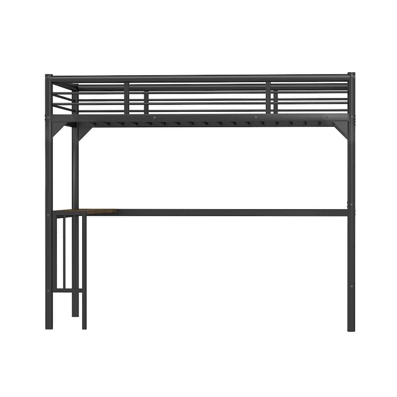 Twin Size Metal Loft Bed with Integrated Desk, Ladder, and Safety Guardrails, Black/Silver
