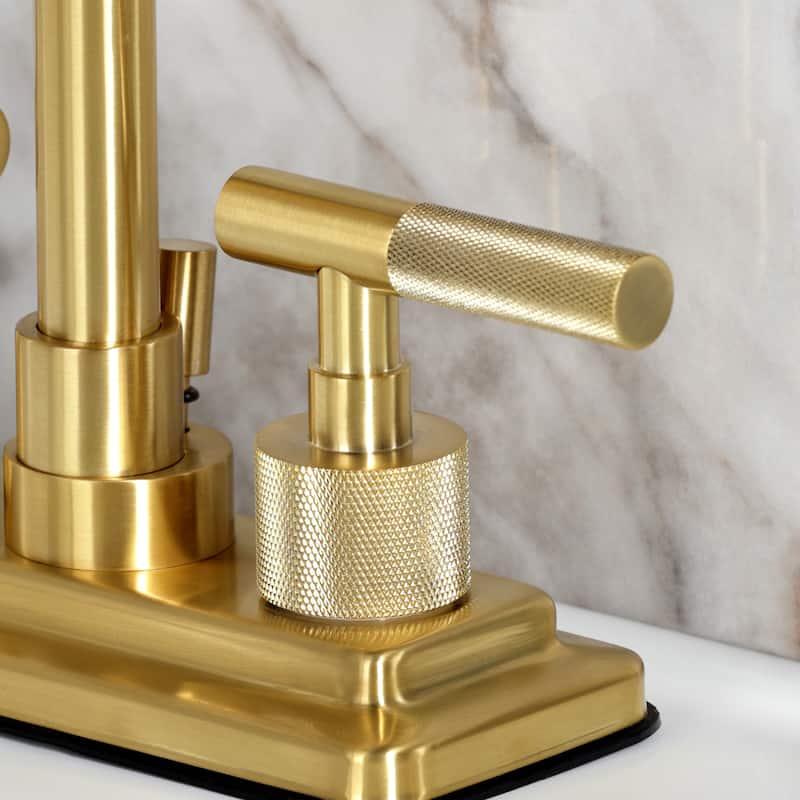 Kingston Brass Convergent Two-Handle 3-Hole Deck Mount 4" Centerset Bathroom Faucet with Knurled Handle and Brass Pop-Up Drain