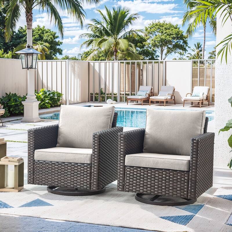 Pocassy Glider Chairs PE Wicker Swivel Chairs Set of 2 - Beige cushion - Brown Wicker