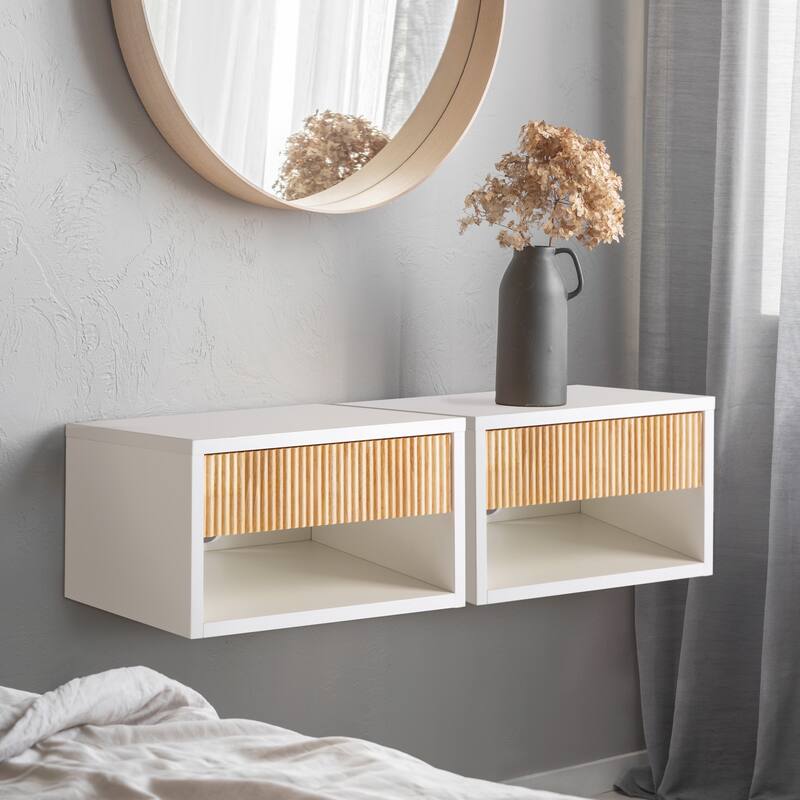 Ettore 15.71" Classic Contemporary Floating Wall Mounted Nightstand with Soft-Close Tambour Drawer and Cable Hole, by JONATHAN Y