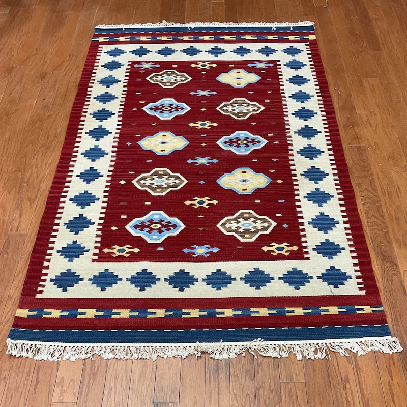 HERAT ORIENTAL Handmade Flat-weave Wool Kilim Collection - Red/Ivory - 4' x 6'