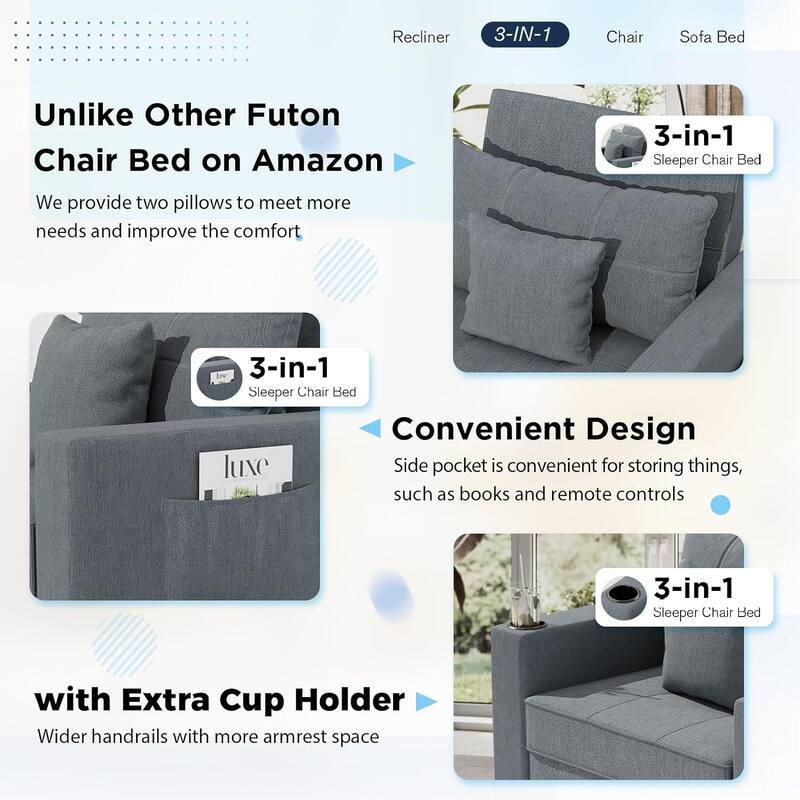 AECOJOY Adjustable Sleeper Chair Bed 3-in-1 Convertible Futon Sofa