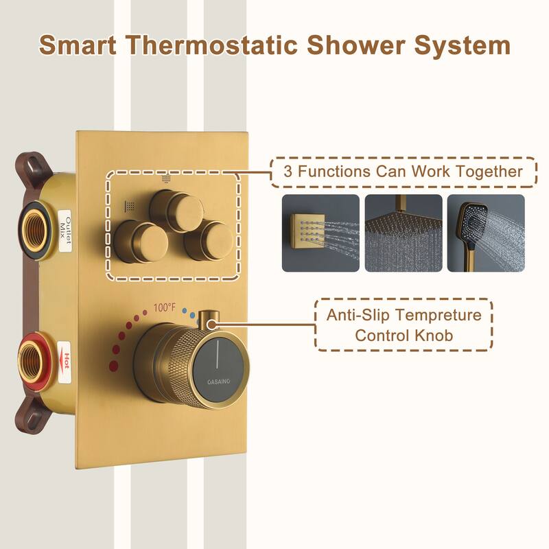 Celling Mount 12 Inch Rainfall Shower Head 3 Function Thermostatic Shower System with 6 Body Jets