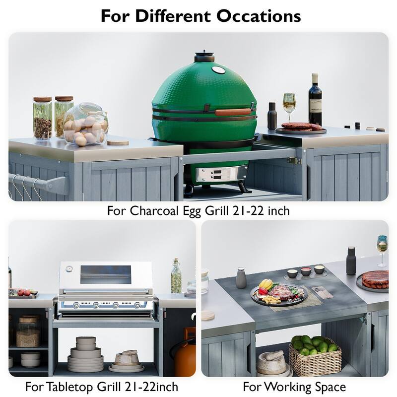 66.5" Solid Wood Outdoor Kitchen Island for Big Green Egg Grills with Stainless Steel Top & Drawer