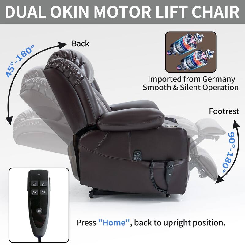 Dual Motor Power Lift Recliner Chair for Adults, Lay Flat Faux Leather Recliners w/Massage Heat, Cup Holders, Infinite Position