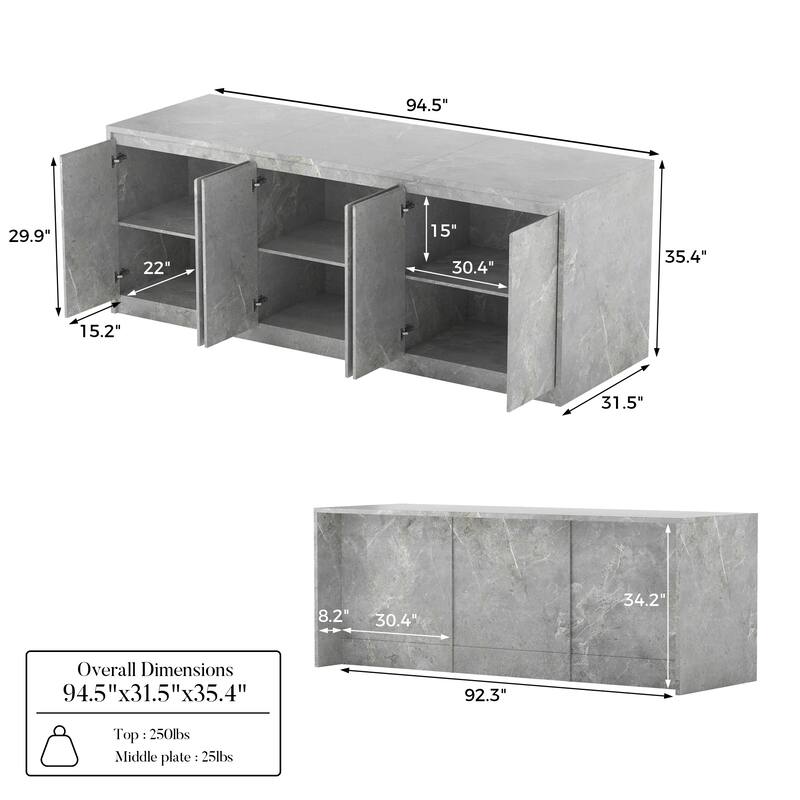 94.5” Extra Large Kitchen Island with Storage, Stone-Look Counter Height Island, Fully Assembled Modern Kitchen Furniture