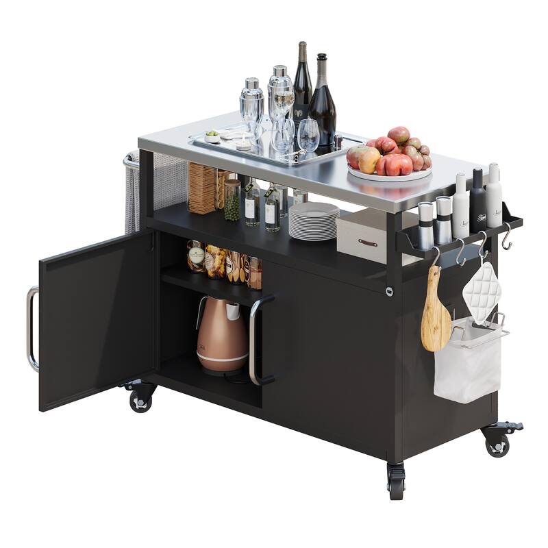 Metal Kitchen Island with Stainless Steel Tabletop, Rolling Spice Storage Cabinet w/Towel Rack and 4 Lockable Wheels for Kitchen