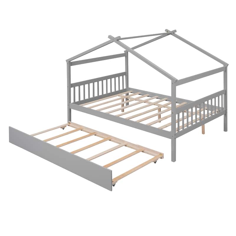Creativity House Bed Twin/ Full Size Frame with Trundle for Boys Girls, Wood Platform Bed with Roof No Box Spring Needed