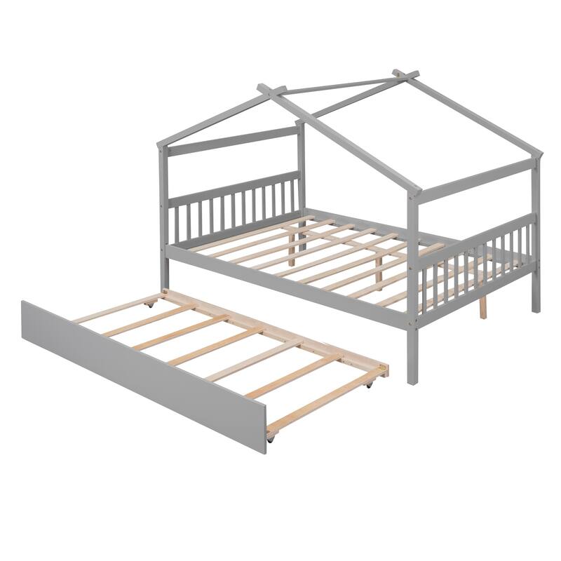 Twin/Full House Bed with Pull-Out Trundle, Solid Pine Wood Frame for Sleepovers