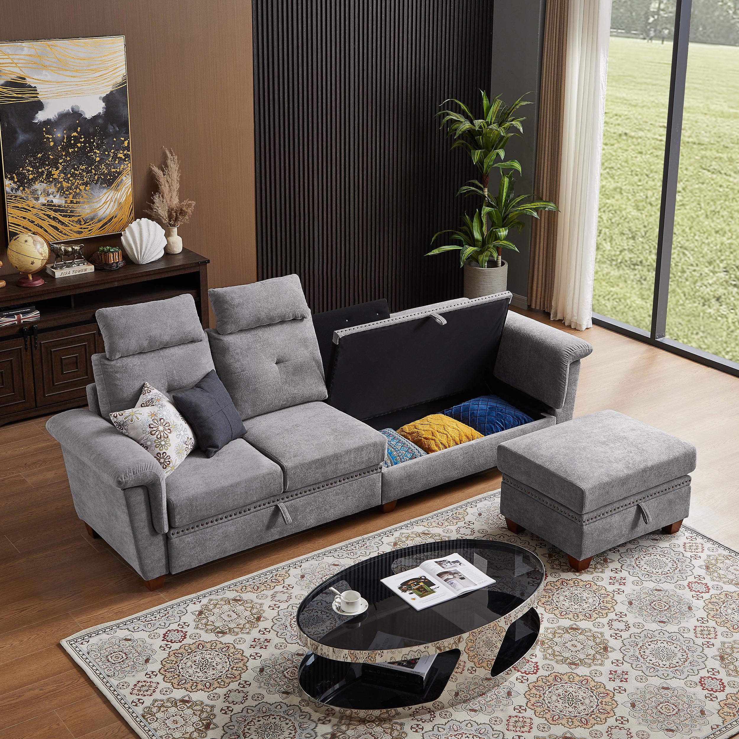 Large grey store sectional with ottoman