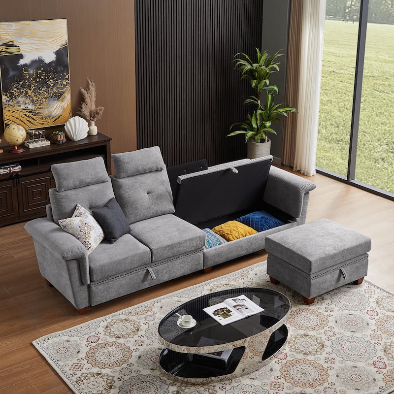 109" Modern 4 Seaters Towelling Sectional Sofa with Hidden Coffee Table Adjustable Headrest and Large Storage Space