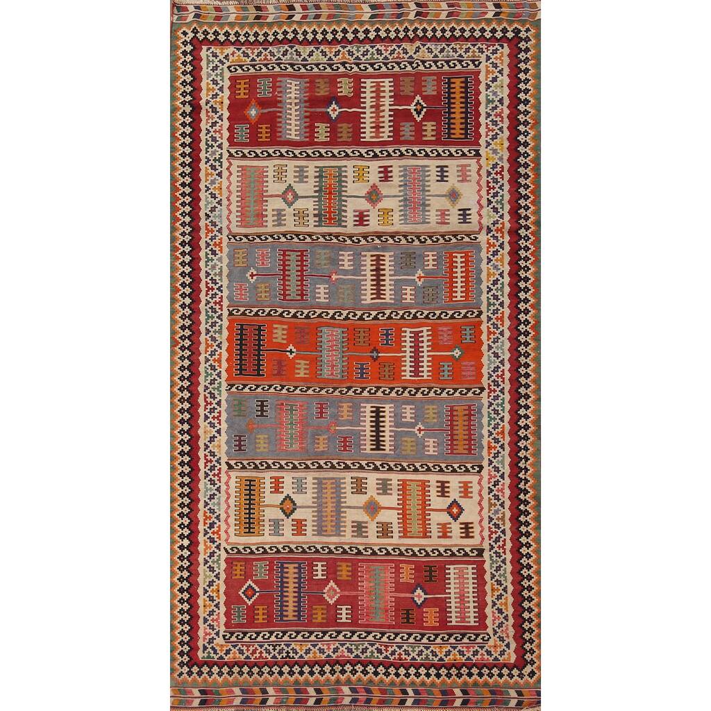 Vegetable Dye Kilim Qashqai Persian Antique Rug Flatweave Wool Carpet - 5'2" X 10'0"