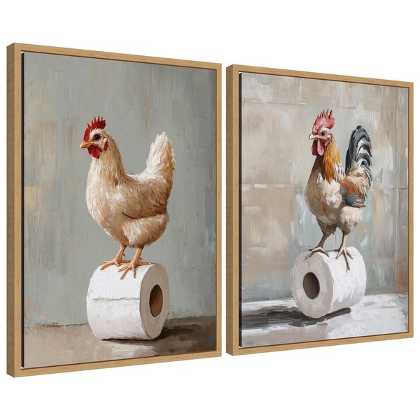 slide 2 of 8, Kate and Laurel Sylvie Chicken and Rooster Bathroom Art Framed Canvas Art Set by The Creative Bunch Studio 2pk - 18 x 24