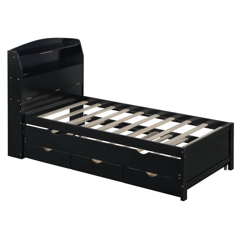 Modern Twin Size Platform Bed Frame with Trundle, 2 Drawers, Wooden Bed with LED Storage Headboard for Bedroom