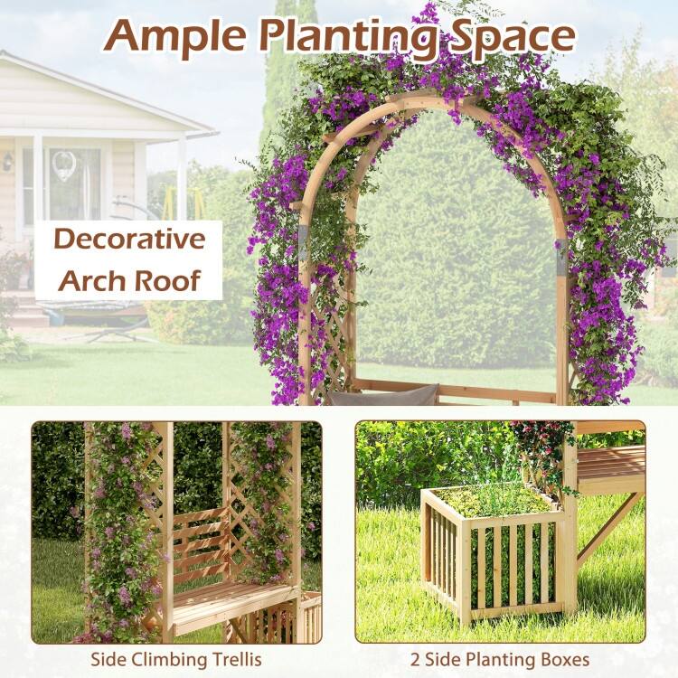 Natural Fir Wood Garden Arbor Bench with Planters Trellis Arch - 73" x 22" x 80"