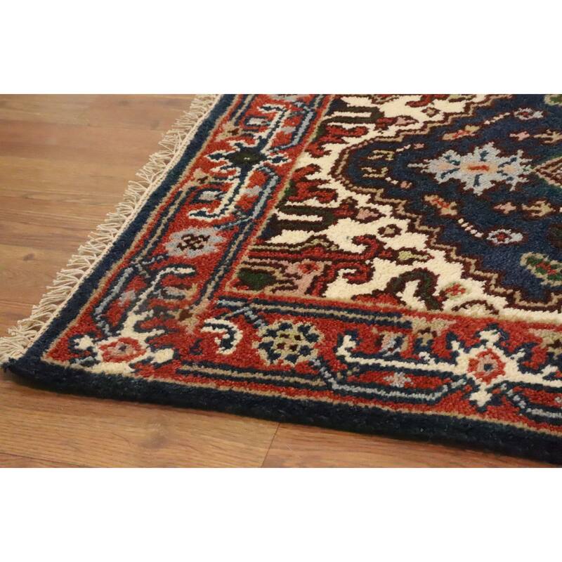 Hand Knotted Oriental 100% Wool Carpet Traditional Geometric Navy Blue & Blues Heriz (serapi) Runner Rug - 8' 4'' X 2' 5''