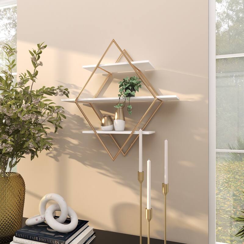 Wooden 3 Shelves Wall Shelf with Diamond Shape - Gold - Roche River Decor
