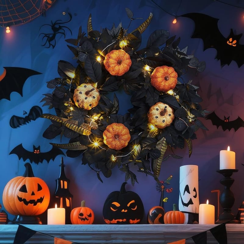 18 in Lighted Halloween Wreaths for Front Door Windows Fireplaces - N/A