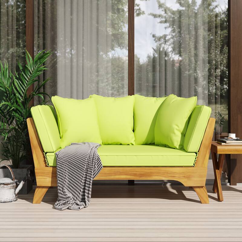 Expandable Daybed with Cushions, Outdoor Couch Acacia Wood Patio Couch with Adjustable Armrests