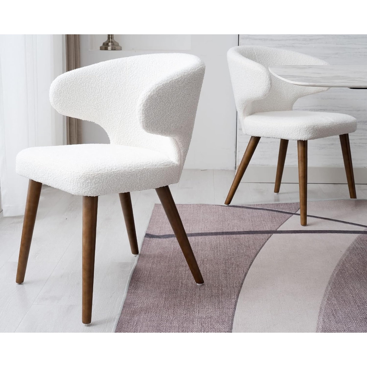 Modern Dining Chairs with Wood Legs, Upholstered Curved Back Side Chairs, Set of 2, White