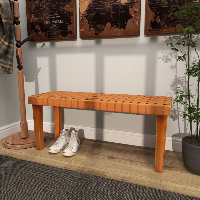 Brown Wood Woven Bench