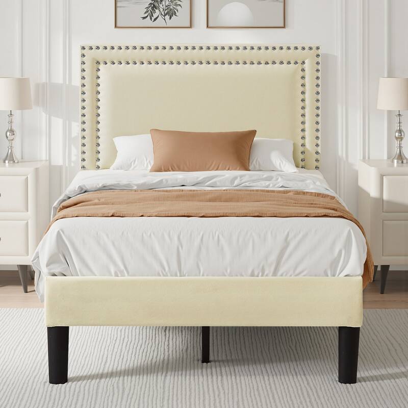 VECELO Beige Twin Size Platform Bed with Adjustable Headboard Teenager room Double Rivet Design 1/2/3 Piece Set Bed Frame - Set of 1