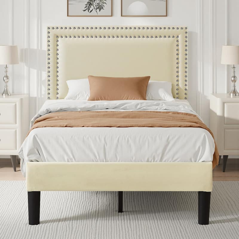 VECELO Upholstered Bed Frames with Height Adjustable Headboard