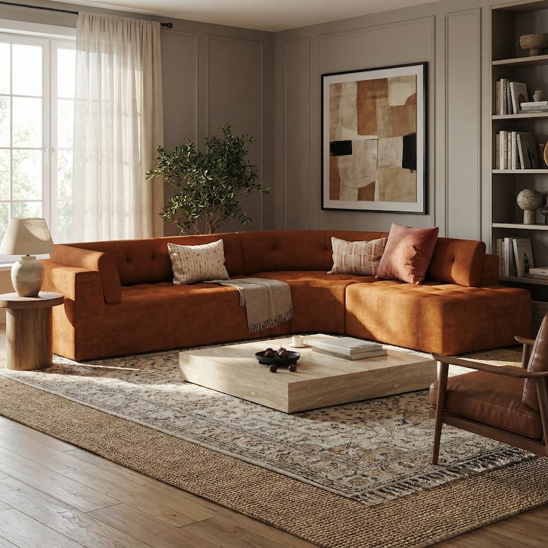 Christopher Knight Home - Modern L-Shaped Corner Sectional Sofa, Fully Upholstered Arms, Curved Right-Hand Facing, Tufted Design - Dark Orange
