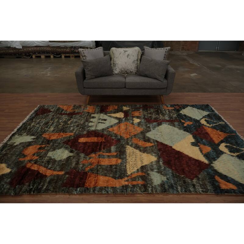 Hand Knotted Oriental 100% Wool Carpet Modern Tribal Multi-Colored Moroccan Area Rug - 9' 10'' X 6' 8''
