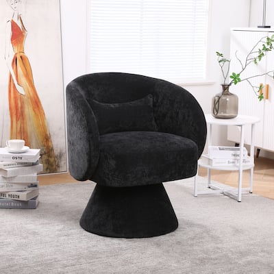 Black Linen Modern 26.4" Upholstered Swivel Round Barrel Chair with Solid Wood Legs
