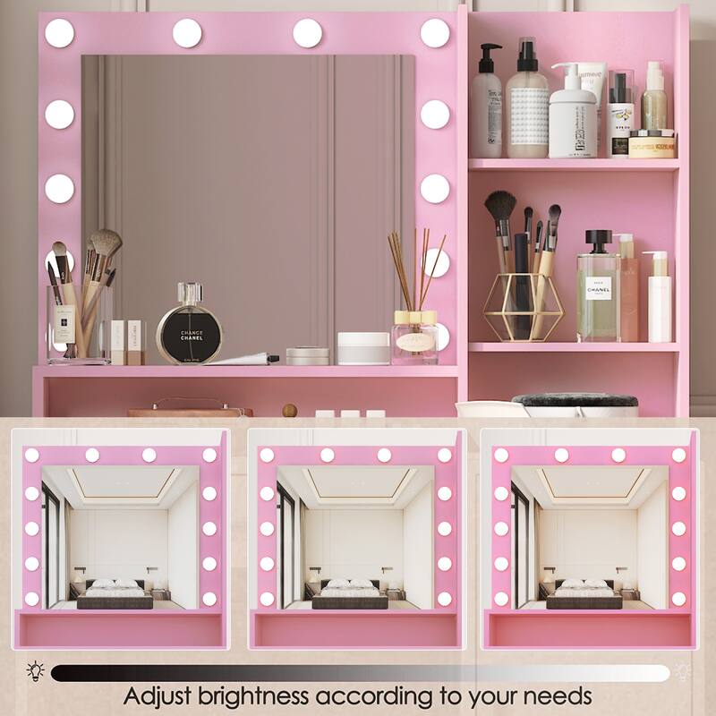 Vanity Desk with Mirror and Lights, Makeup Vanity with Drawer and Storage Shelves, Dressing Table with 3 Lighting Modes