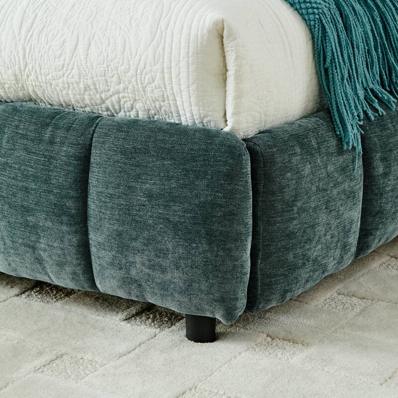 Block Thick Chenille Low Profile Platform Bed Fabric Upholstered Bedframe with Headboard Solid Wood Frame - Optional Storage Bed