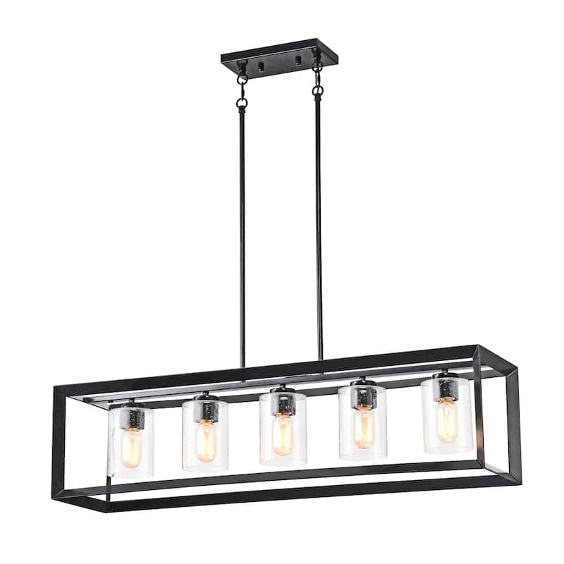Antique Black 5-Light Rectangular Kitchen Island Chandelier with Seedy Glass Shades