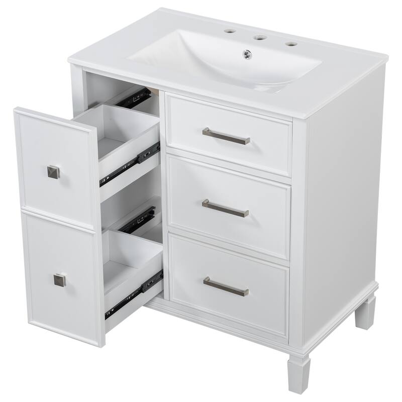 30 Inch Bathroom Vanity with Ceramic Sink, Flip-Out Drawer Design for Plumbing, Painted MDF Cabinet with Solid Wood Legs