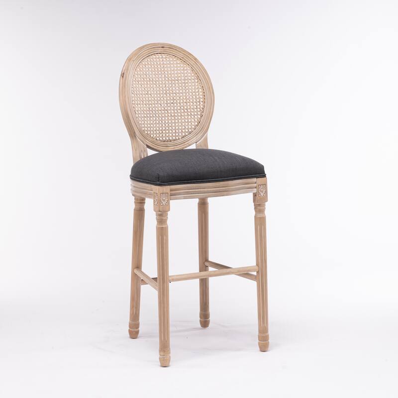 French Country Wooden Barstools Rattan Back With Upholstered Seating Set of 2
