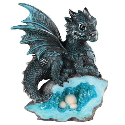 Q-Max 5"H Blue Baby Dragon with Crystal Egg Nest Statue Fantasy Decoration Figurine