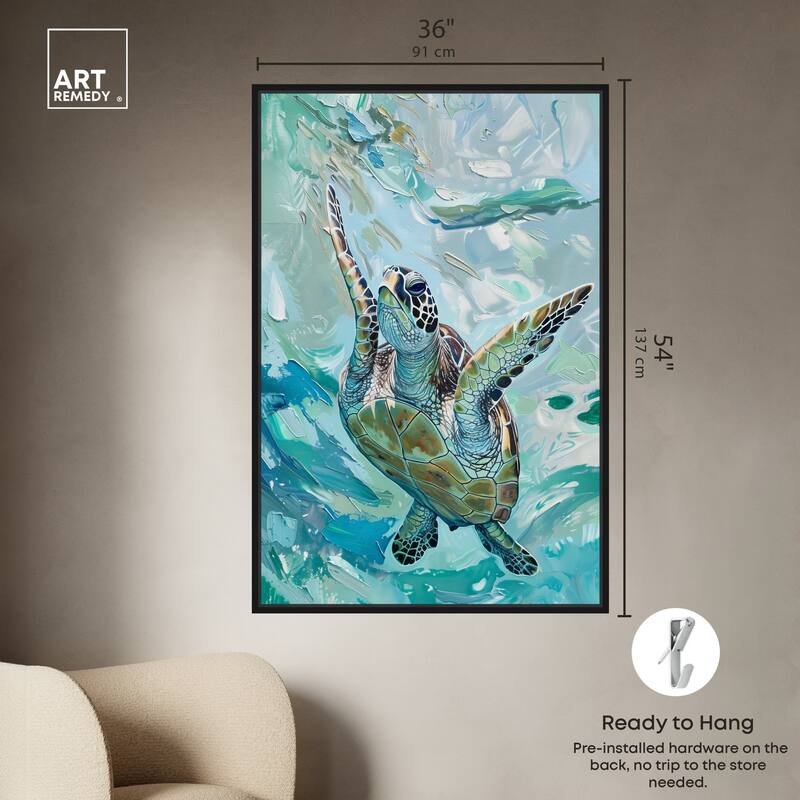 Art Remedy Serene Turtle Framed Colorful Coastal 1 Piece Canvas Wall Art