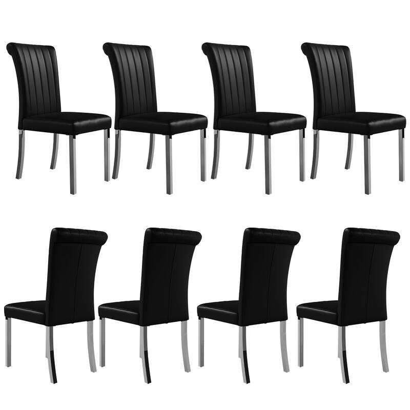 Luxury PU Leather Parsons Dining Chairs Side Chairs with Rolled Back and Stainless Steel Legs - Black and Silver - Set of 8