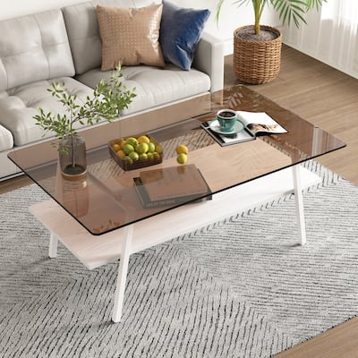 Coffee Table with Tempered Glass Tabletop and Metal Legs for Home