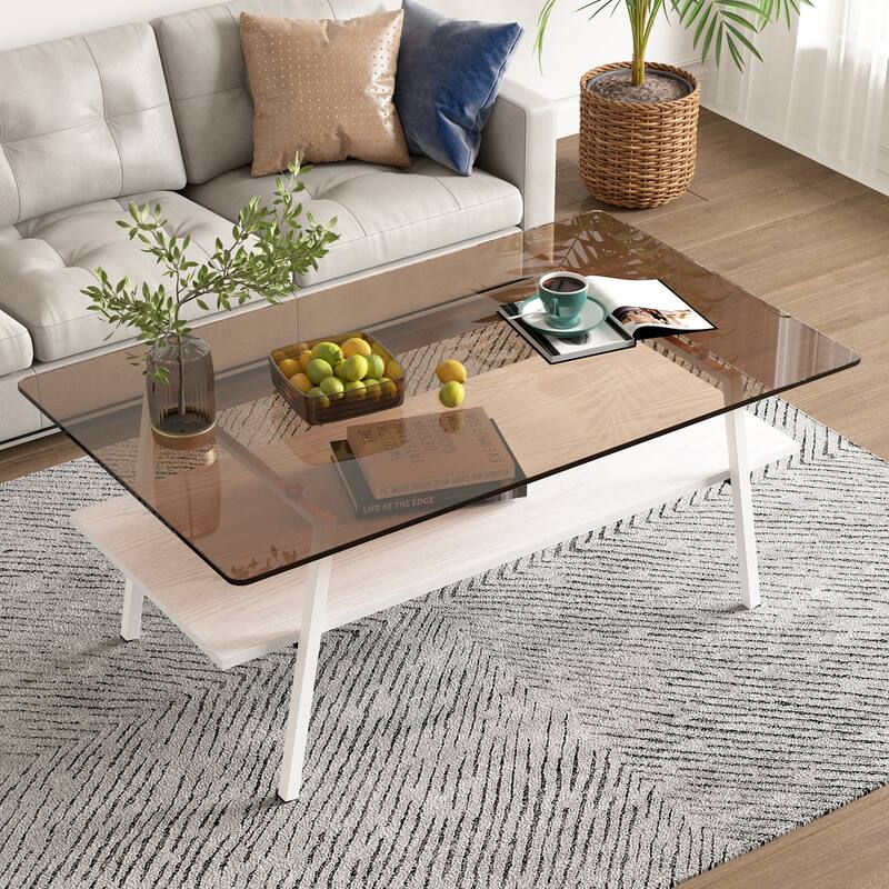 Rectangle Coffee Table, Tempered Glass Tabletop with Black Metal Legs