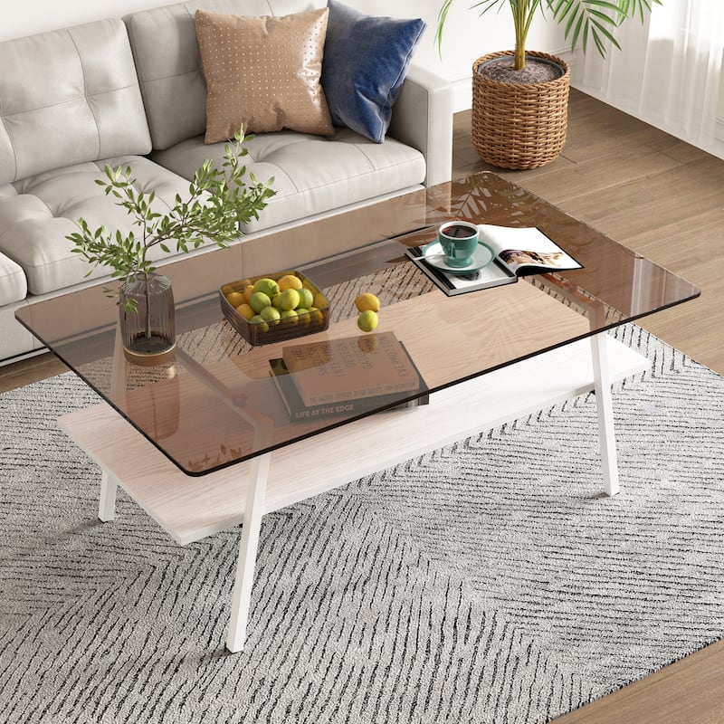 Rectangle Coffee Table with Tempered Glass Tabletop and Metal Legs - Brown Glass/White