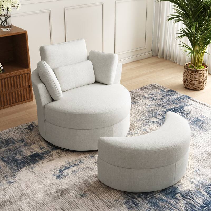 Oversized Upholstered Swivel Barrel Chairs with Storage Ottoman - Beige