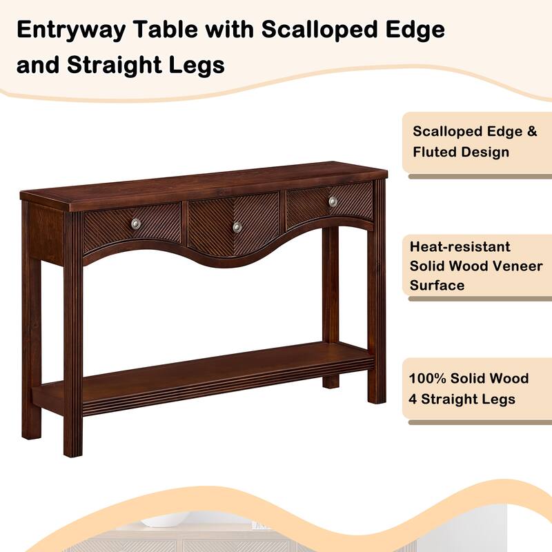 52 Inch Fluted Wood Console Table with 3 Drawers and Solid Wood Legs for Living Room Entryway Decor
